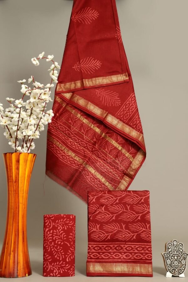 Maroon Maheshwari silk suit with tonal fern leaf block print and golden zari border