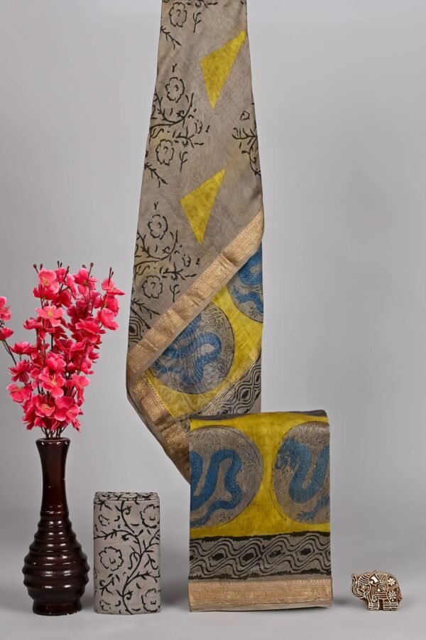 Grey Maheshwari silk suit with floral vine print and mustard dragon medallion block print, zari border
