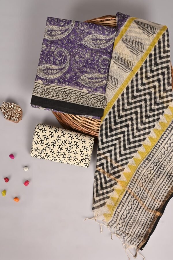 Purple paisley print and cream booti Kota Doria suit fabric with chevron print dupatta