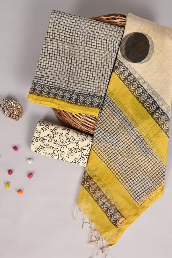 Grey checkered Kota Doria suit fabric with black floral border and cream dupatta with circle motif