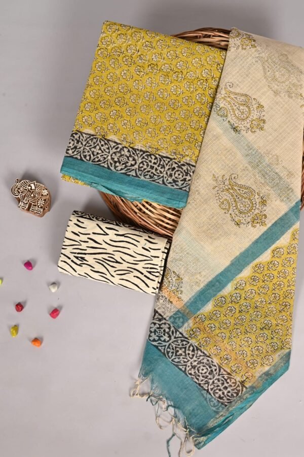 Mustard yellow floral print Kota Doria suit fabric with cream paisley dupatta and zebra print fabric piece