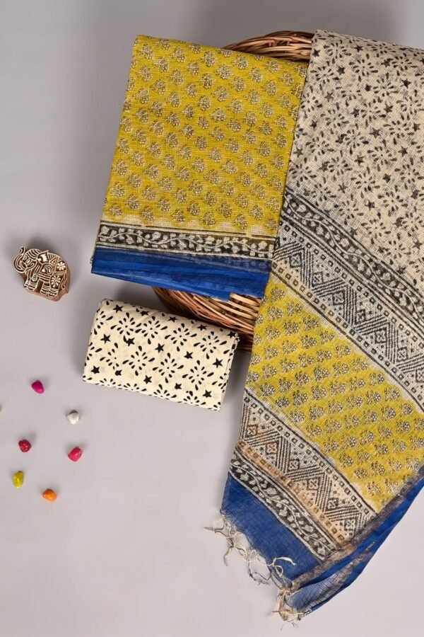 Mustard yellow floral print Kota Doria suit fabric with cream geometric border dupatta and blue edge
