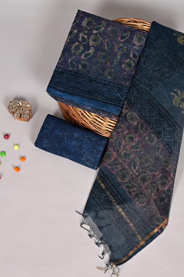 Navy blue paisley print Kota Doria suit set with floral vine piece and zari border dupatta