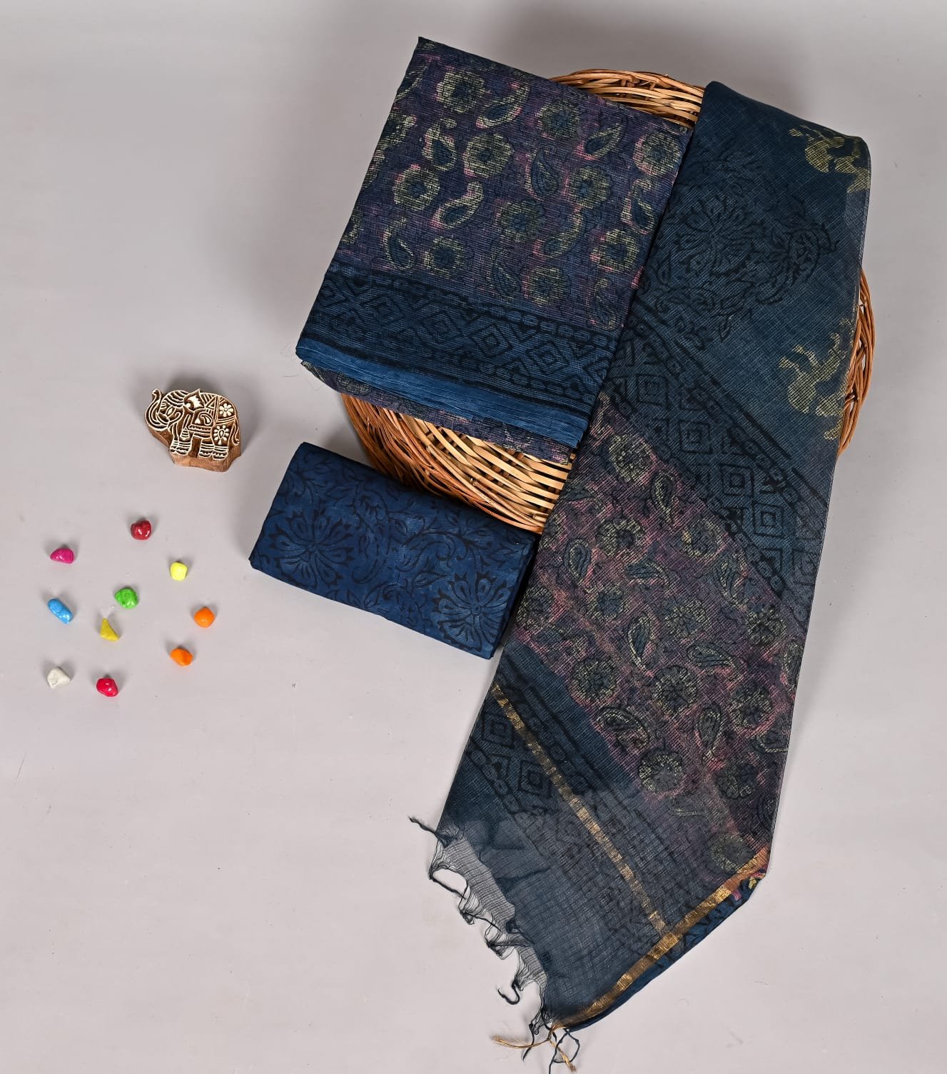 Navy blue paisley print Kota Doria suit set with floral vine piece and zari border dupatta