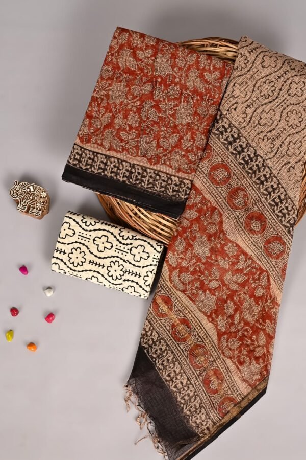 Rust red floral print Kota Doria suit fabric with black border and matching dupatta