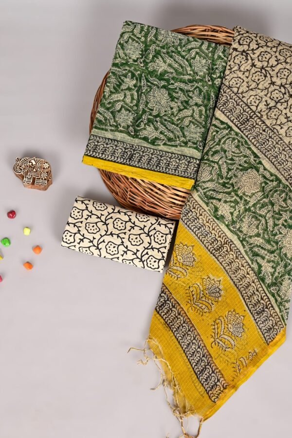 Bottle green floral print Kota Doria suit fabric with mustard yellow bordered dupatta and cream fabric piece
