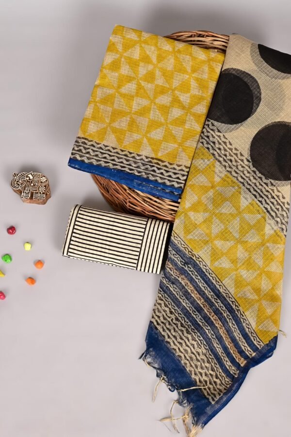 Mustard yellow geometric print Kota Doria suit fabric with black circle motif dupatta