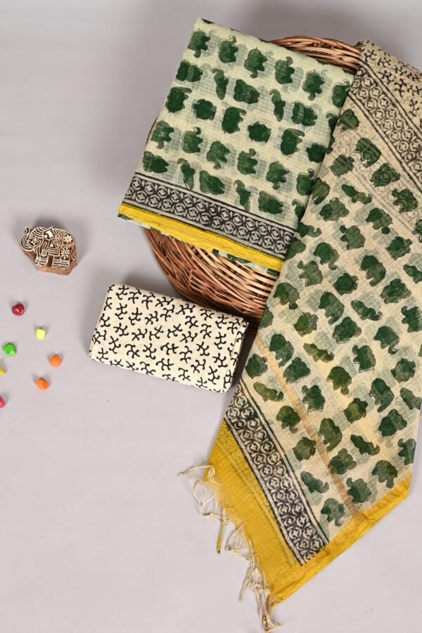 Cream Kota Doria suit fabric with green block-printed elephants and yellow bordered dupatta