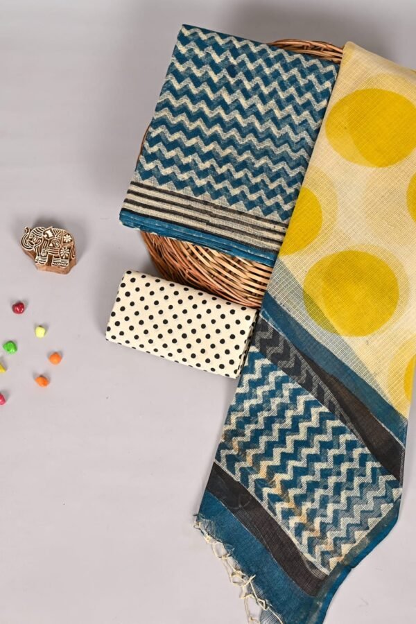 Teal blue zigzag print Kota Doria suit fabric with mustard yellow polka dot dupatta and dotted fabric piece