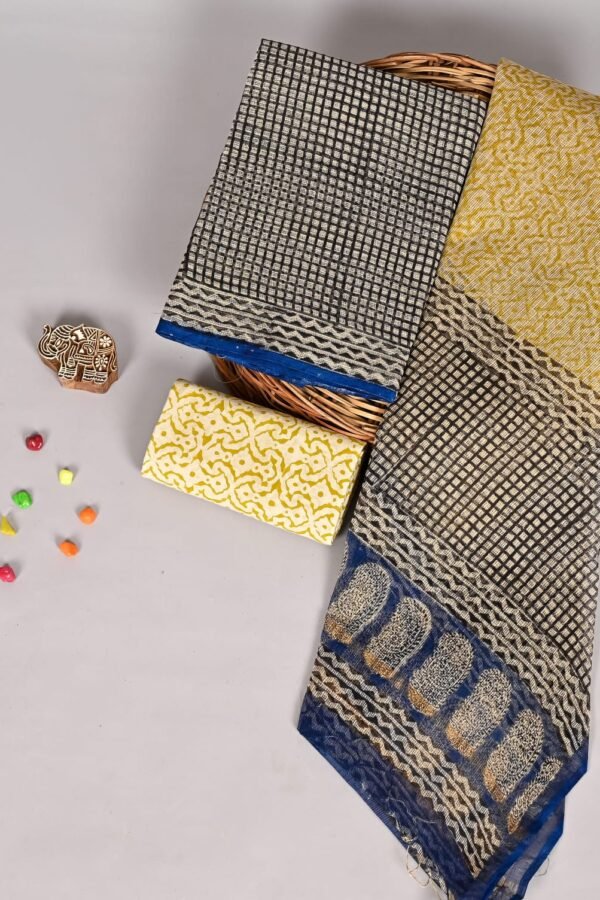 Grey checked Kota Doria suit set with navy fingerprint border and mustard zigzag dupatta piece