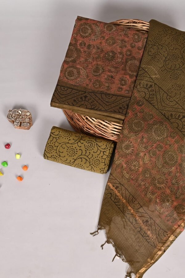 Rust and olive Kota Doria suit set with medallion print and zigzag border dupatta