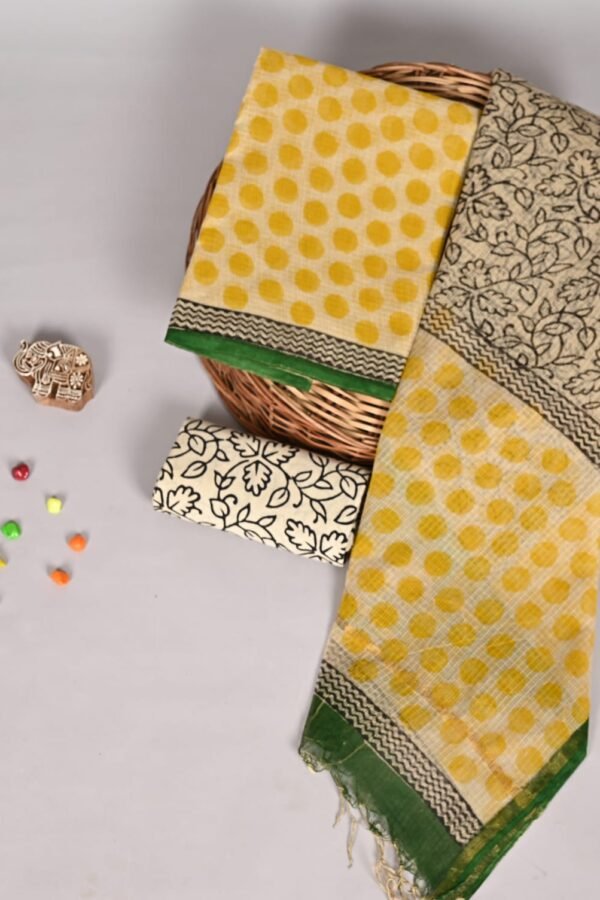 Yellow polka dot Kota Doria suit fabric with black floral vine print dupatta