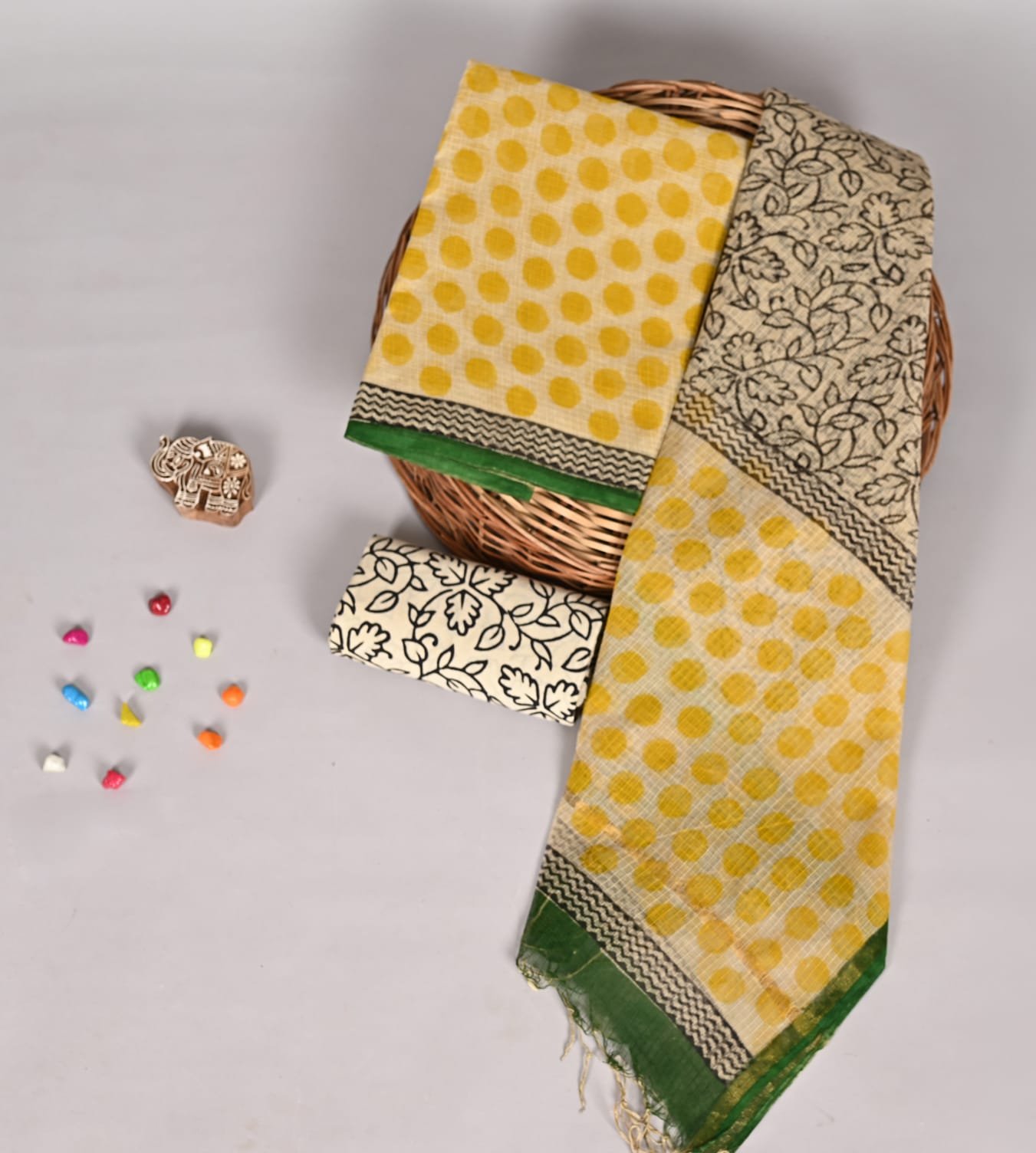 Yellow polka dot Kota Doria suit fabric with black floral vine print dupatta