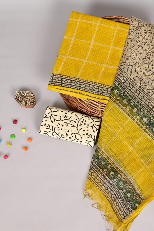 Yellow checkered Kota Doria suit fabric with black floral border and green medallion dupatta