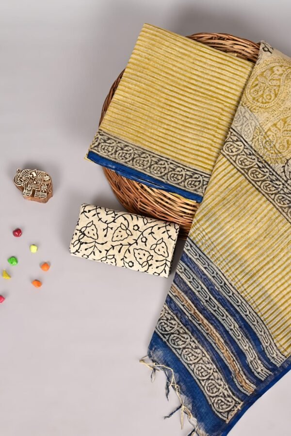Mustard yellow striped Kota Doria suit set with paisley print dupatta and navy floral border