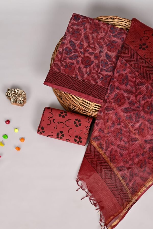 Maroon Kota Doria suit set with navy floral print and zigzag border dupatta