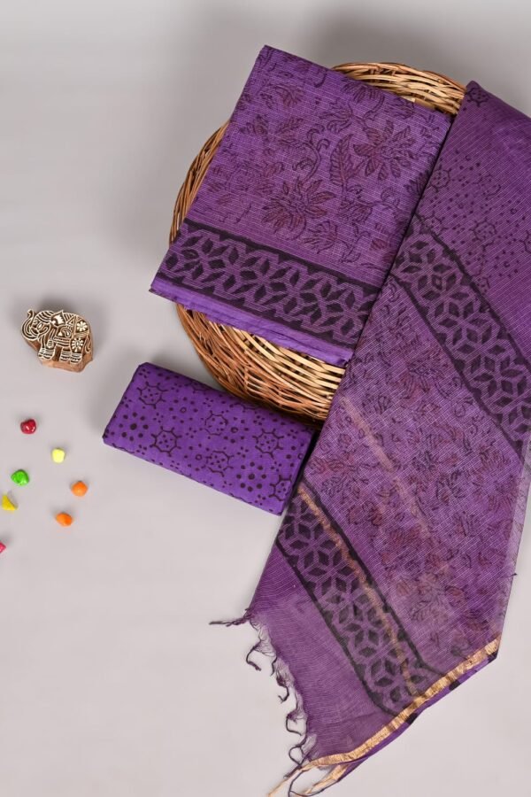 Purple Kota Doria suit set with black floral block print and star medallion border dupatta