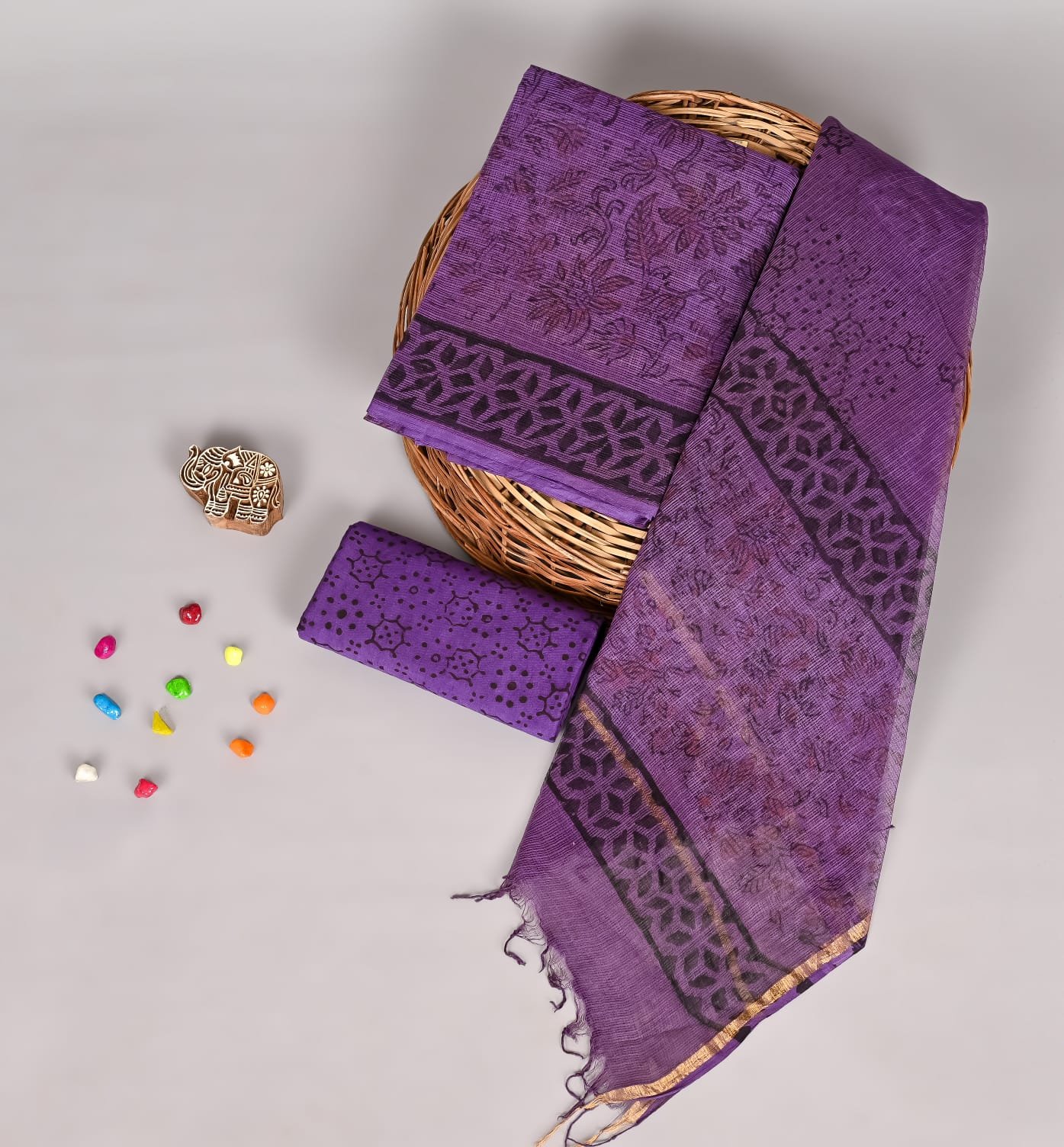 Purple Kota Doria suit set with black floral block print and star medallion border dupatta