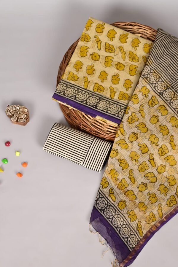 Mustard yellow elephant print Kota Doria suit fabric with black striped piece and purple border