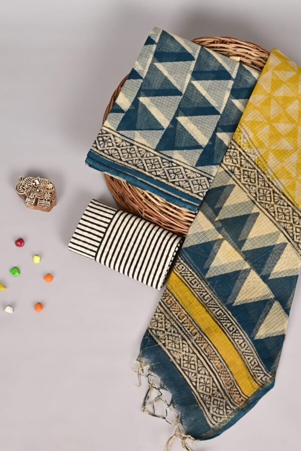 Teal geometric triangle print Kota Doria suit set with mustard panel and striped fabric