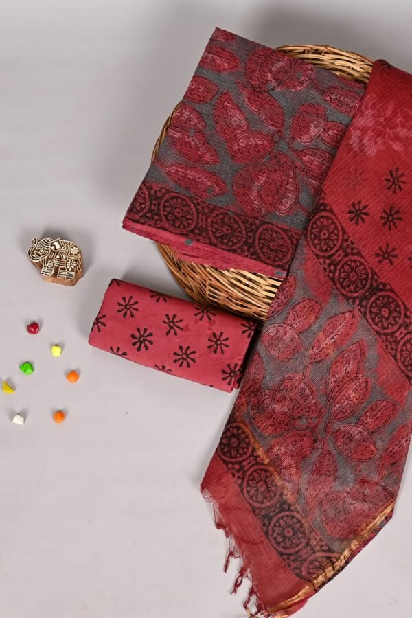 Grey and maroon Kota Doria suit set with hand block printed leaf motifs and floral booti dupatta