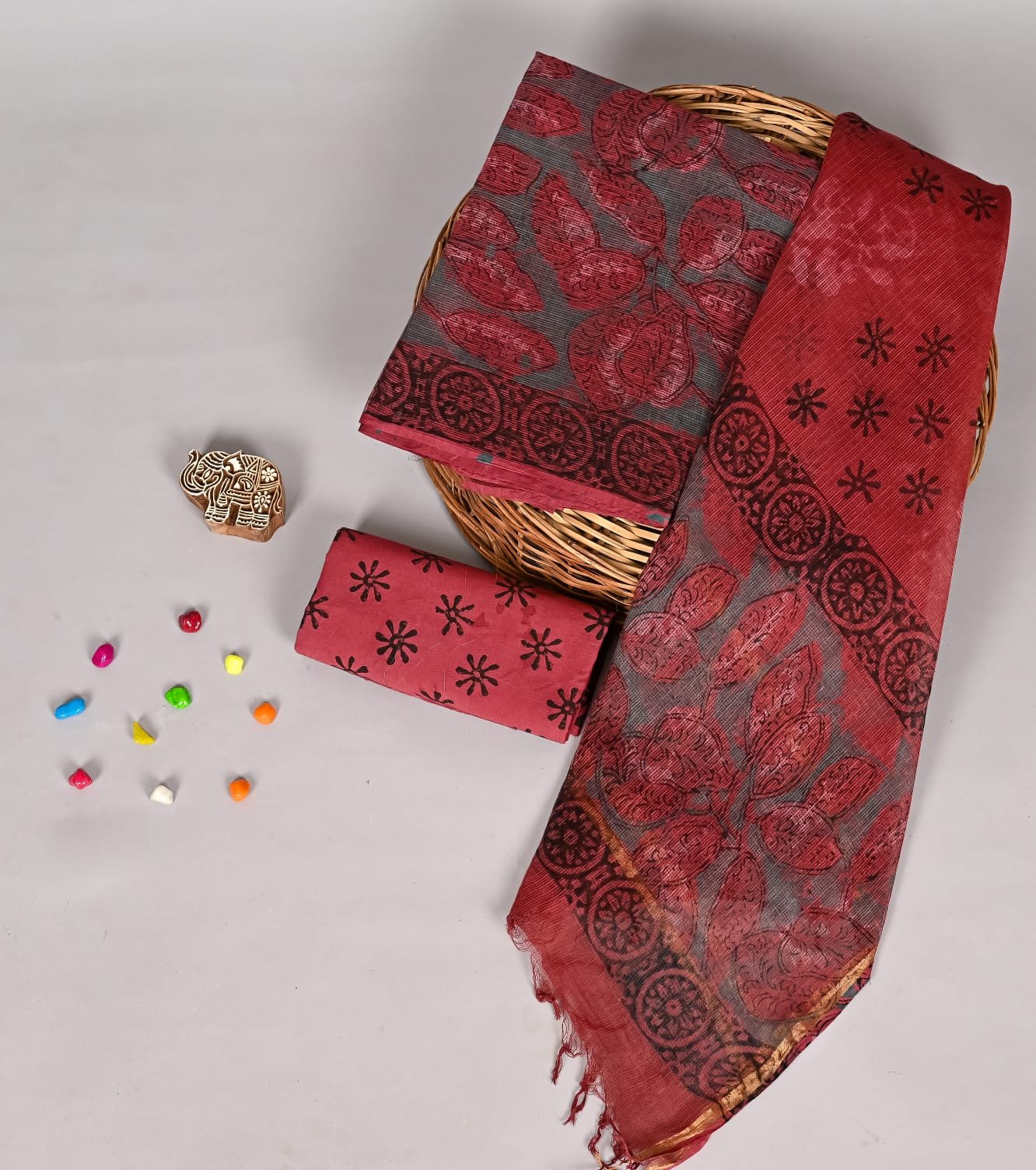 Grey and maroon Kota Doria suit set with hand block printed leaf motifs and floral booti dupatta