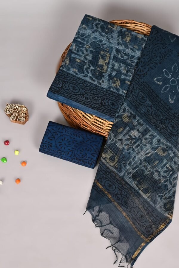 Indigo blue Kota Doria suit with block printed elephant and floral patchwork motifs and medallion border