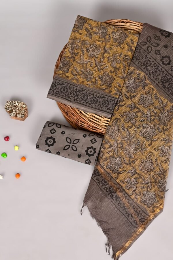 Mustard yellow and grey Kota Doria suit set with floral vine block print and zari border dupatta