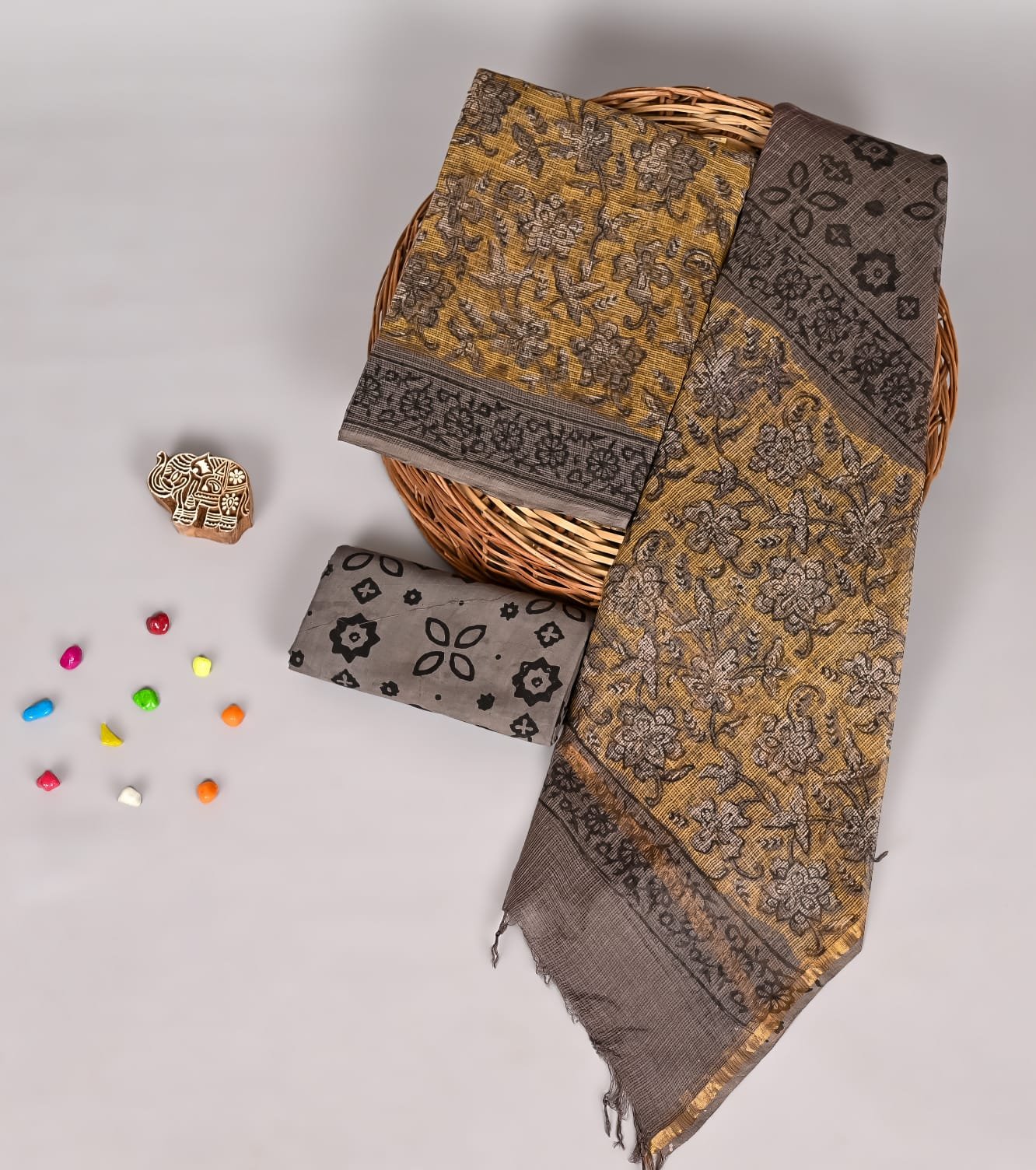 Mustard yellow and grey Kota Doria suit set with floral vine block print and zari border dupatta