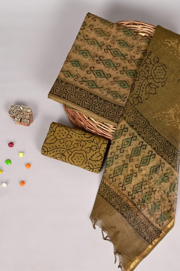 Olive green Kota Doria suit set with diamond lattice hand block print and floral border, shown with dupatta