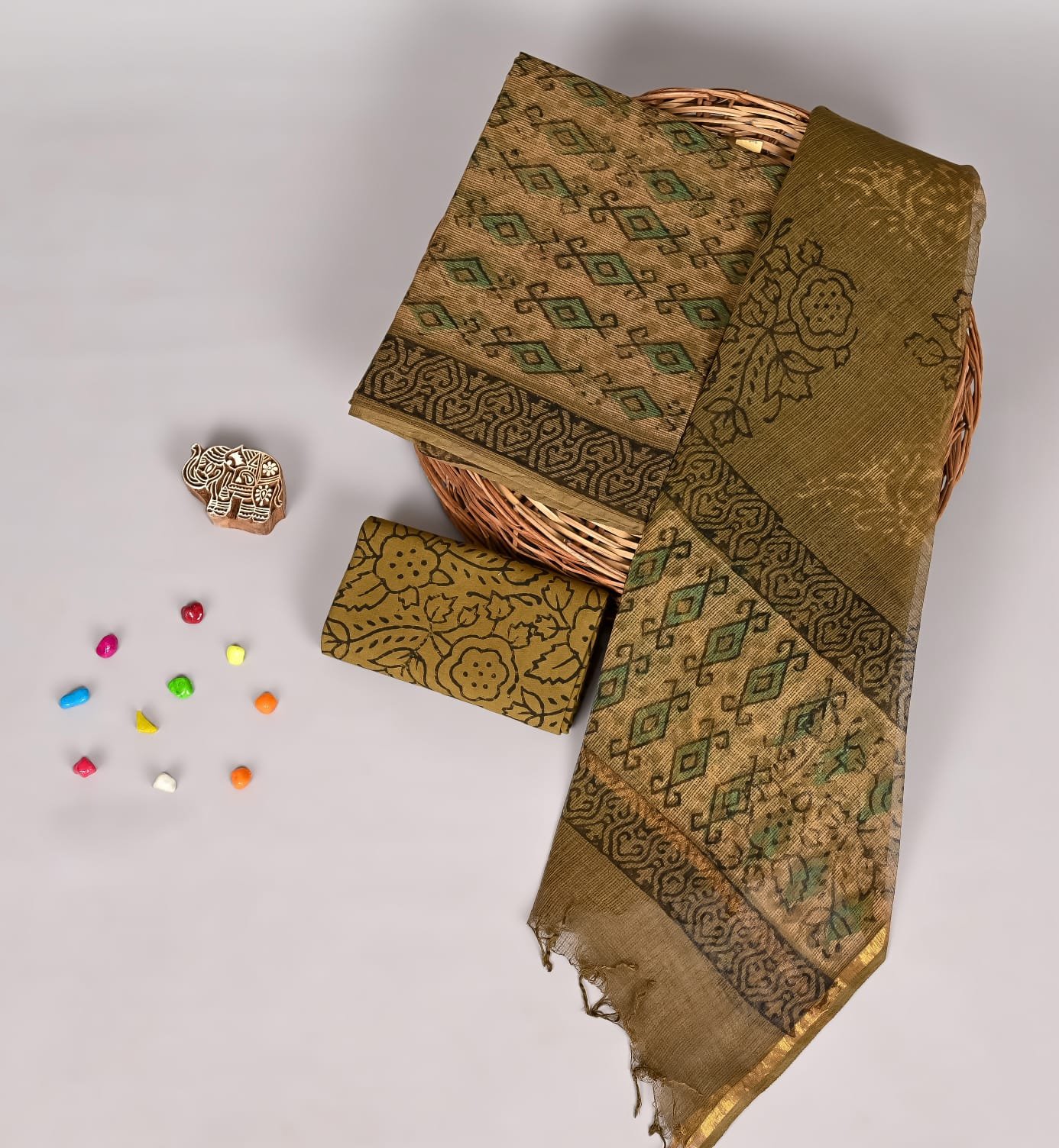 Olive green Kota Doria suit set with diamond lattice hand block print and floral border, shown with dupatta