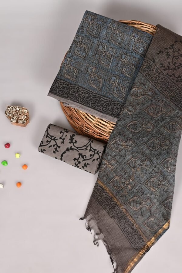 Blue-grey Kota Doria suit set with hand block printed paisley motifs and zari border dupatta