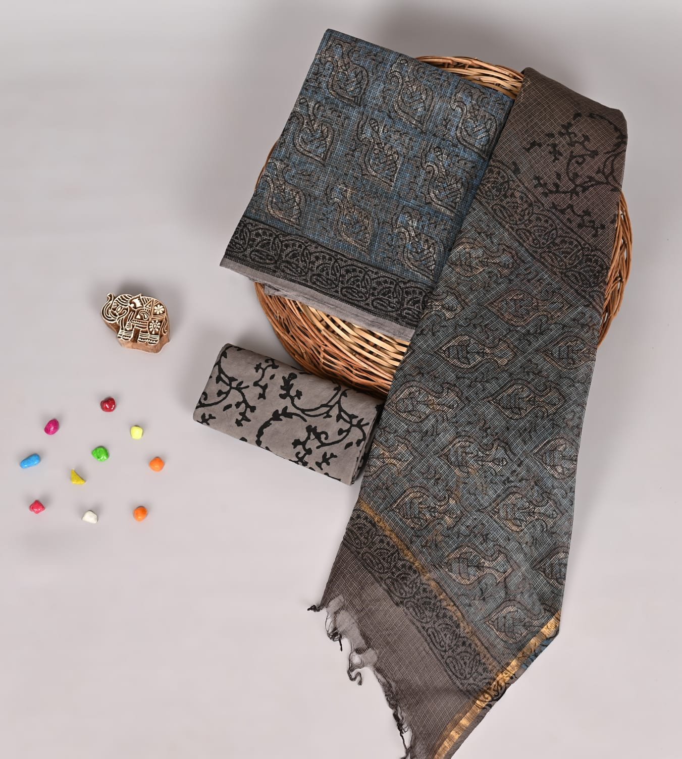 Blue-grey Kota Doria suit set with hand block printed paisley motifs and zari border dupatta
