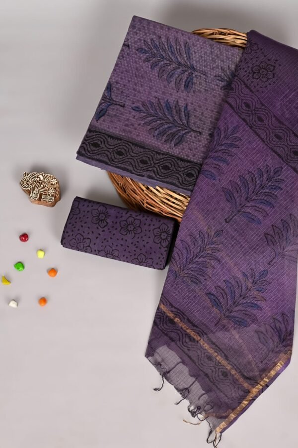 Purple Kota Doria suit set with fern leaf block print and gold zari border dupatta