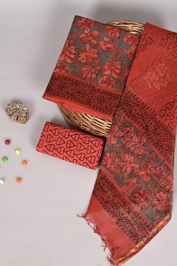 Rust red and grey Kota Doria suit set with floral block print and heart-motif piece