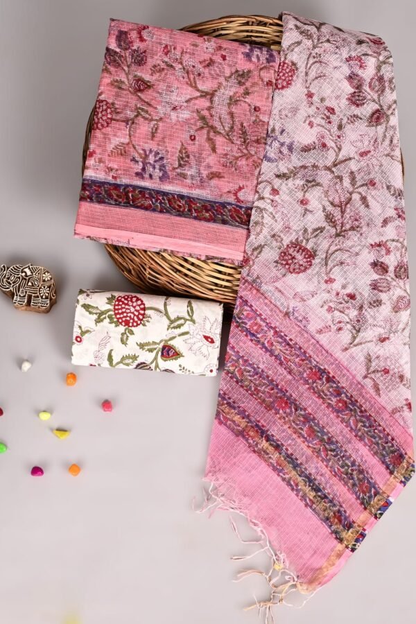 Pink and cream Kota Doria suit set with floral vine hand block print and striped border