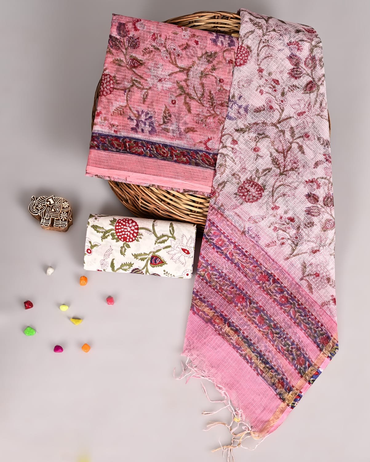 Pink and cream Kota Doria suit set with floral vine hand block print and striped border