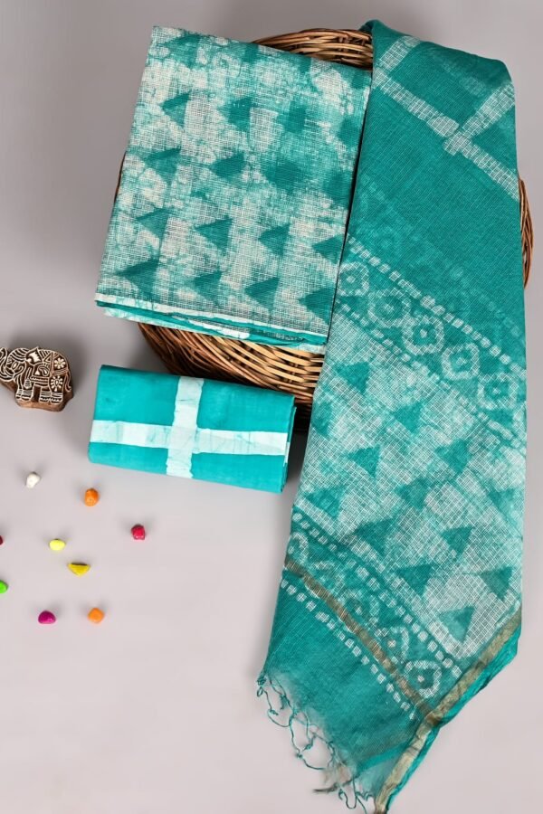 Teal green Kota Doria suit set with triangle print and diagonal check dupatta