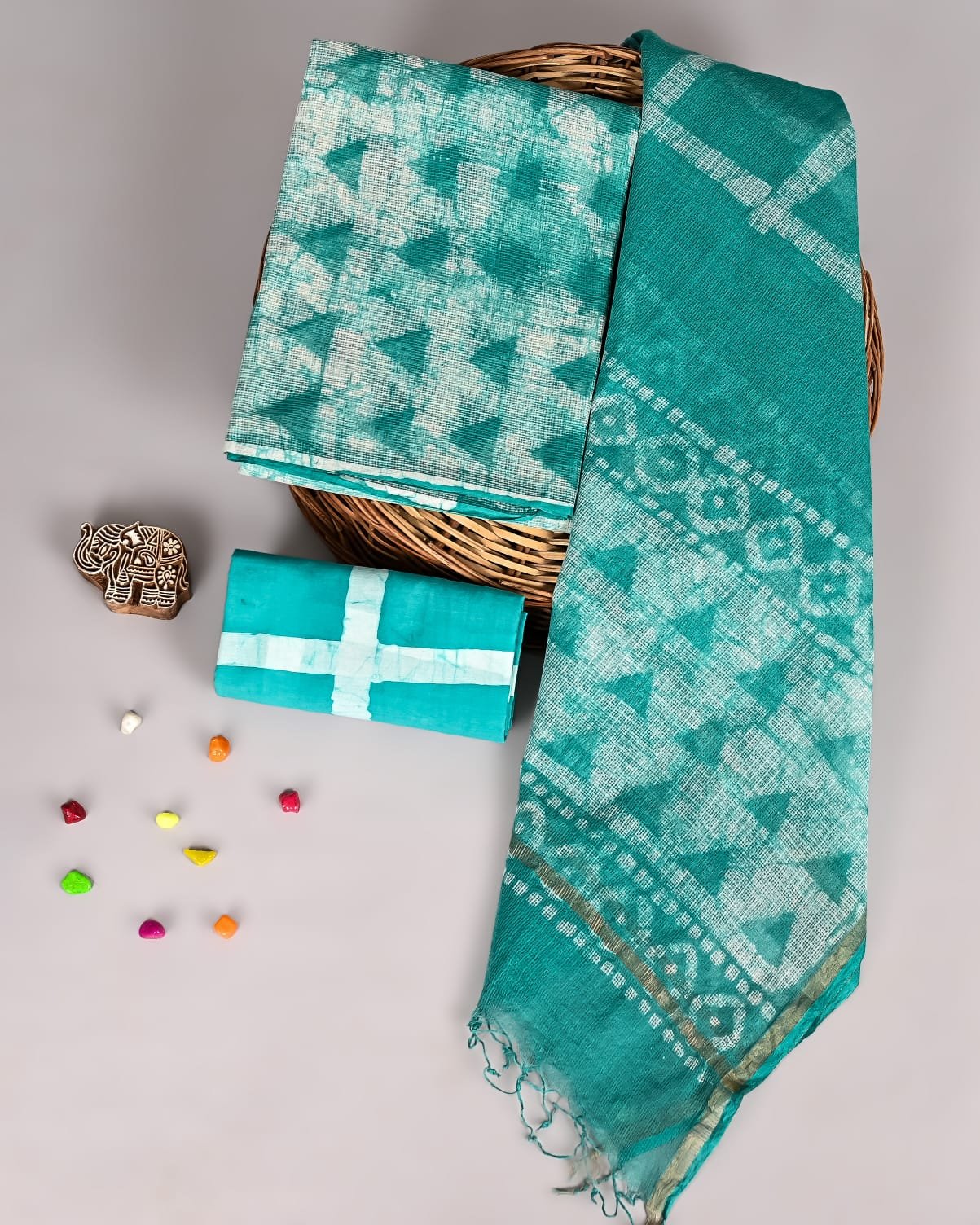 Teal green Kota Doria suit set with triangle print and diagonal check dupatta