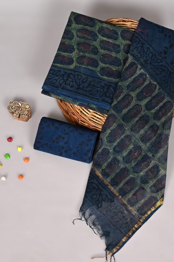 Olive green Kota Doria suit with navy oval print, floral border, and solid navy dupatta piece