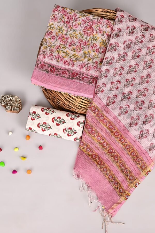 Pink Kota Doria suit set with red floral vine print and gold-stripe bordered dupatta