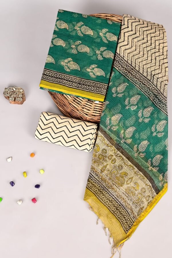 Teal green Kota Doria suit set with paisley print and zigzag chevron border, cream piece and dupatta