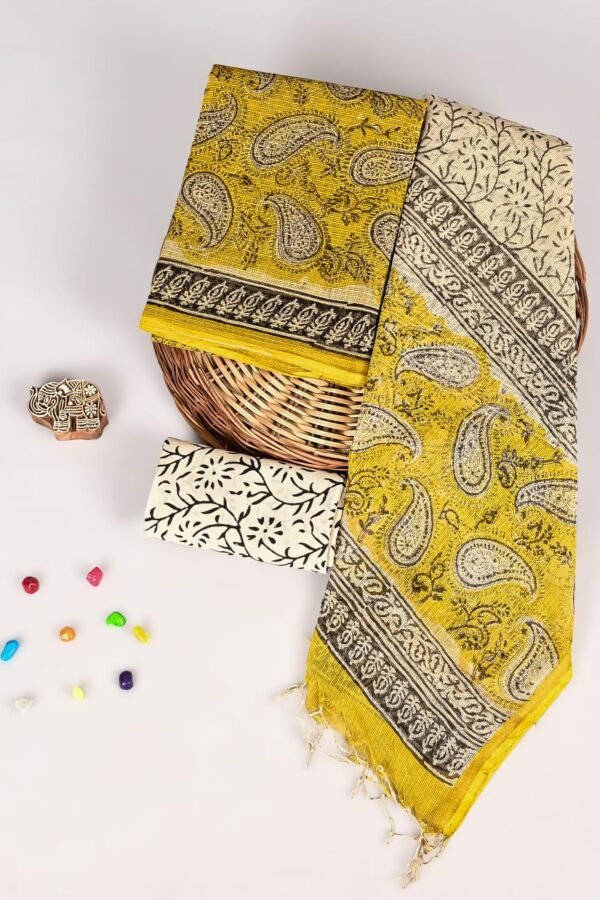 Mustard yellow Kota Doria suit with black paisley print and cream floral vine dupatta piece