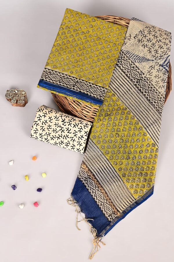 Mustard yellow Kota Doria suit set with paisley booti print and diamond border, cream dupatta piece
