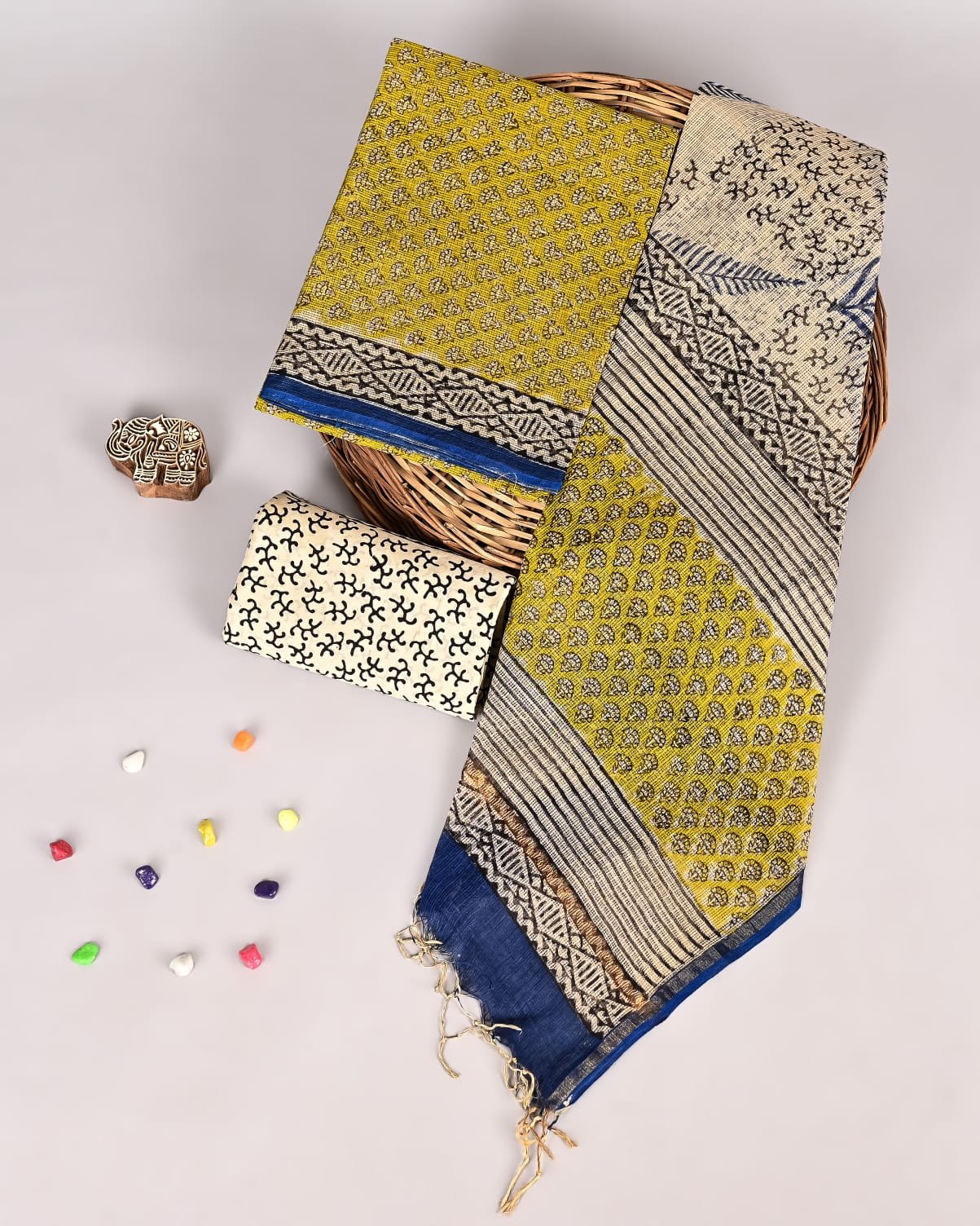 Mustard yellow Kota Doria suit set with paisley booti print and diamond border, cream dupatta piece