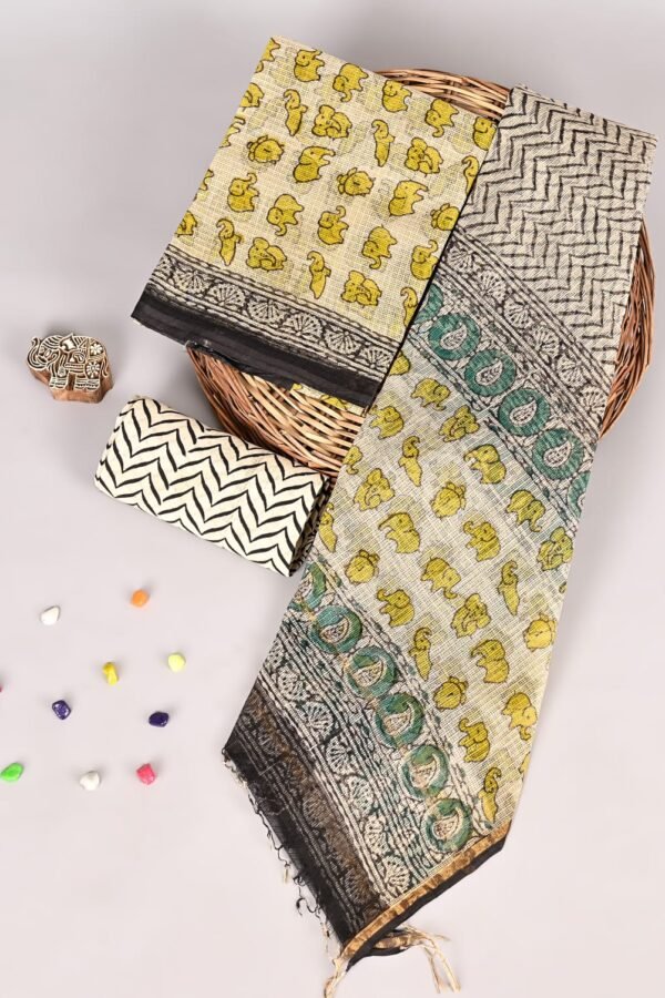 Cream Kota Doria suit with yellow elephant block print and zigzag chevron border