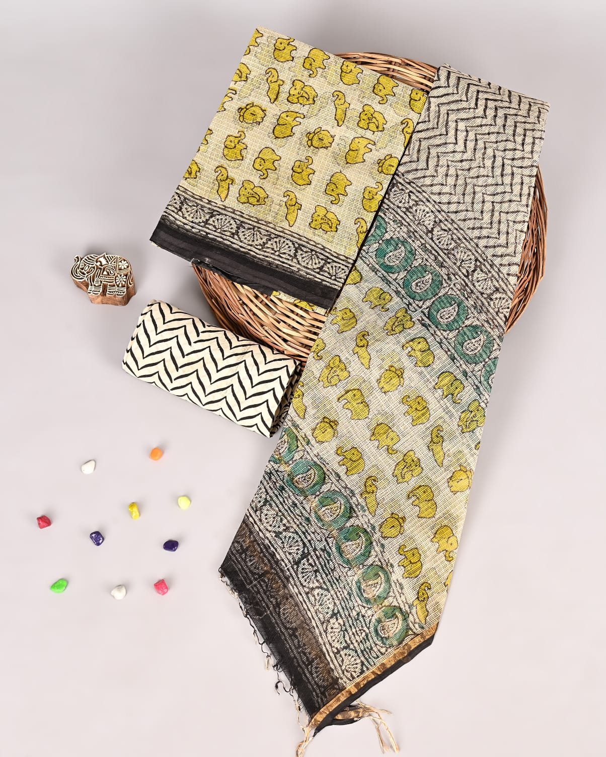 Cream Kota Doria suit with yellow elephant block print and zigzag chevron border