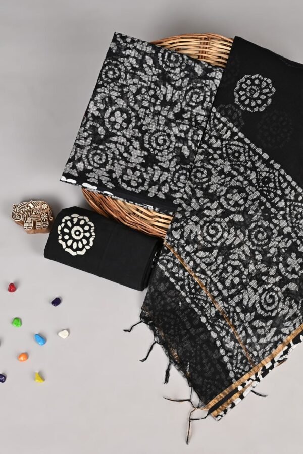 Black Kota Doria suit with white spiral floral print and mandala motif dupatta