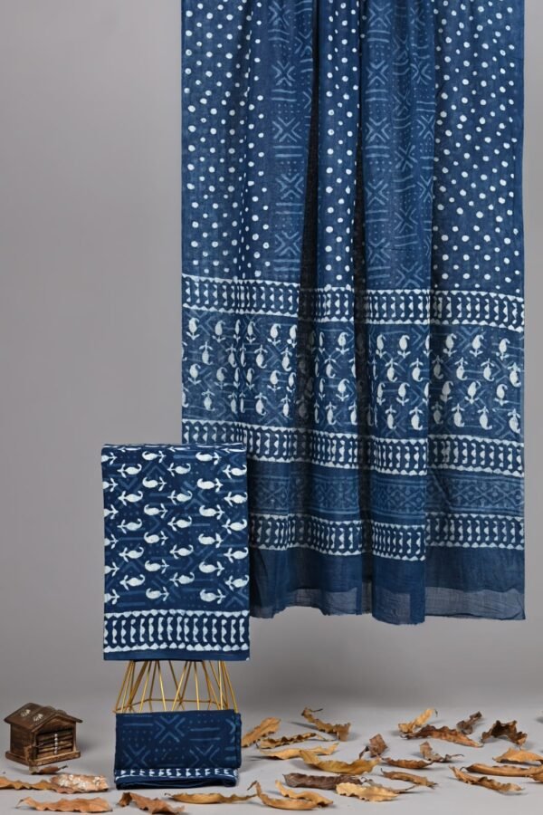 Indigo blue hand block printed cotton suit with matching cotton dupatta, polka dot and bird motif