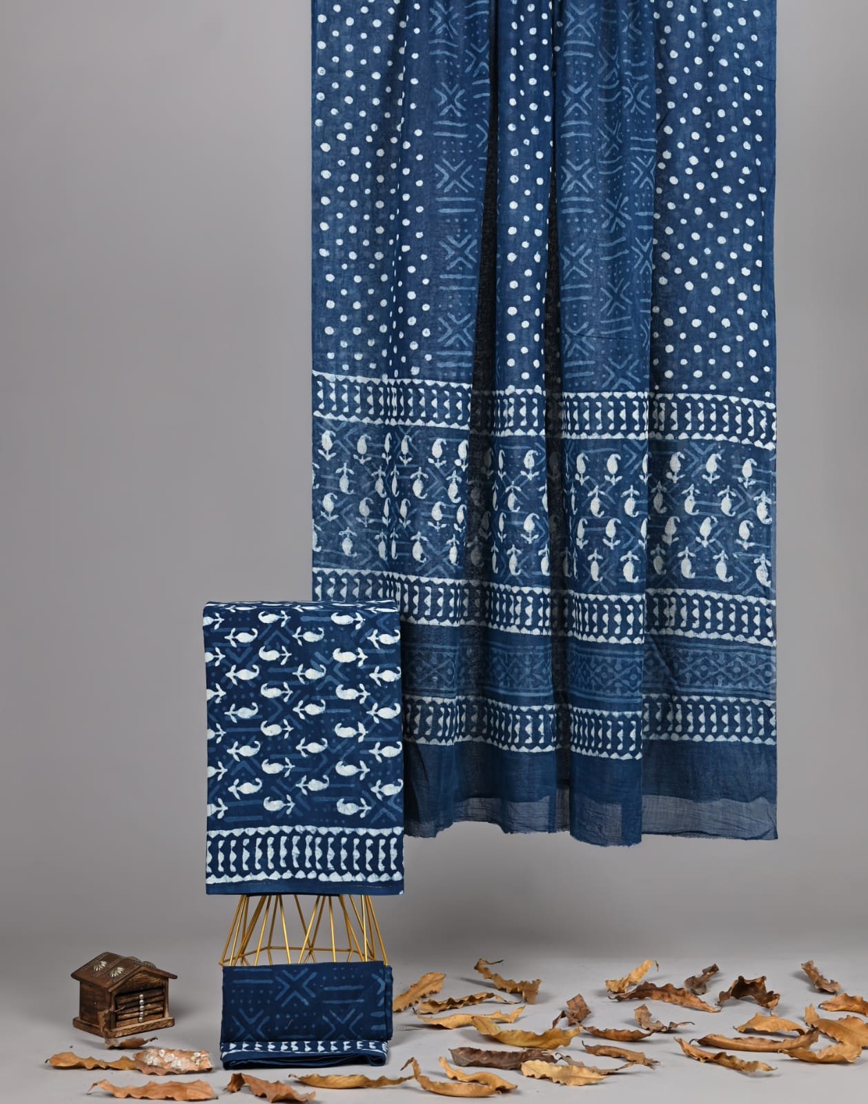 Indigo blue hand block printed cotton suit with matching cotton dupatta, polka dot and bird motif